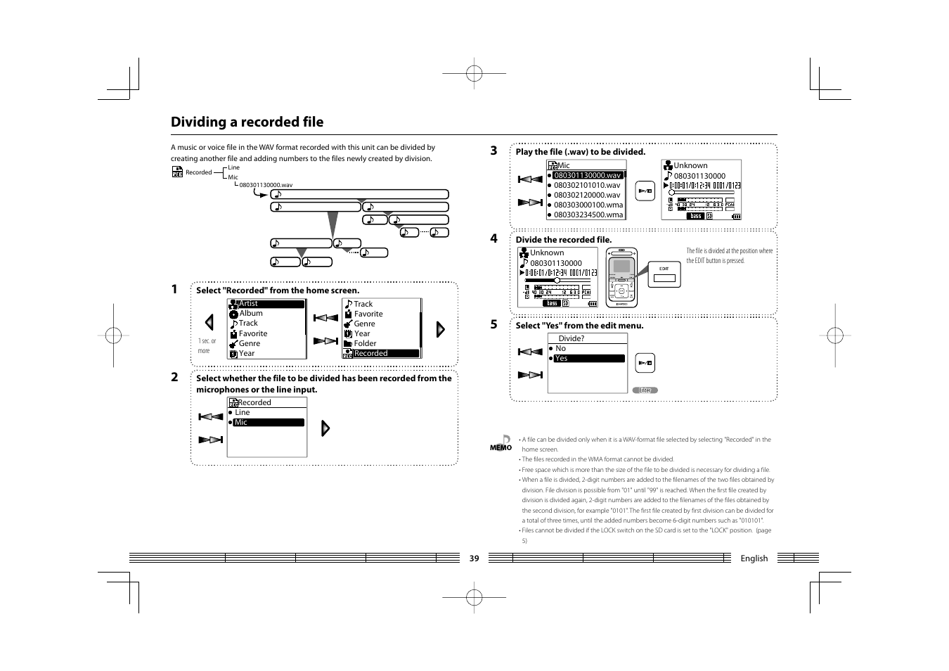 Dividing a recorded file | Kenwood HC MGR-A7 User Manual | Page 39 / 53