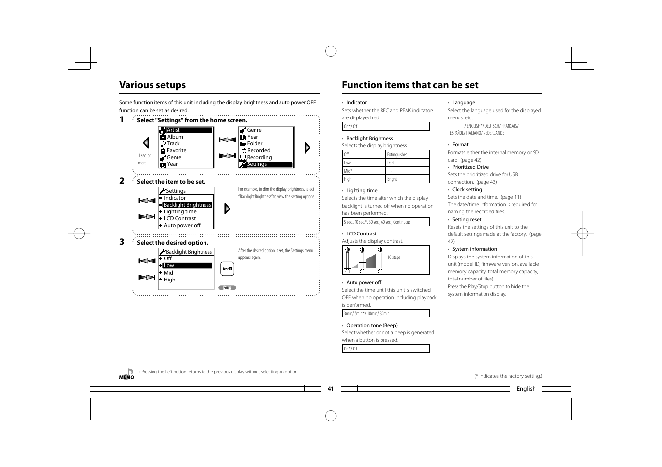 Function items that can be set, Various setups | Kenwood HC MGR-A7 User Manual | Page 41 / 53