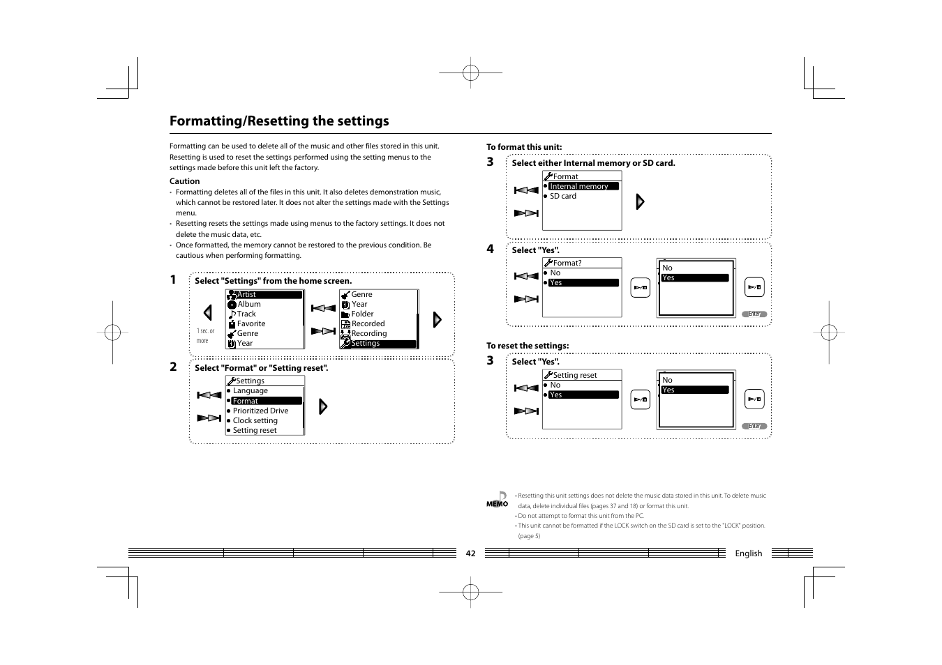 Formatting/resetting the settings | Kenwood HC MGR-A7 User Manual | Page 42 / 53