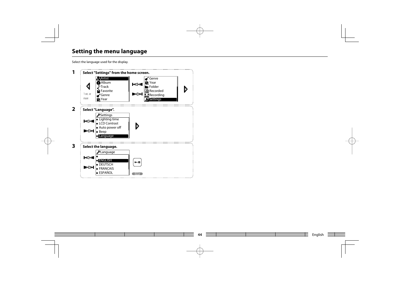 Setting the menu language | Kenwood HC MGR-A7 User Manual | Page 44 / 53
