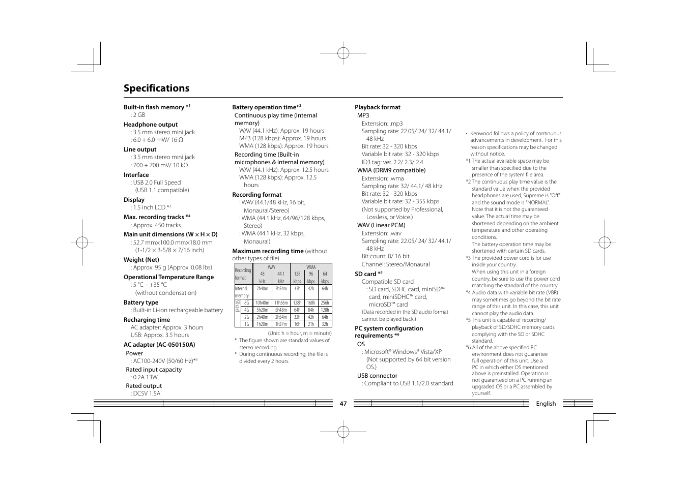 Specifications | Kenwood HC MGR-A7 User Manual | Page 47 / 53