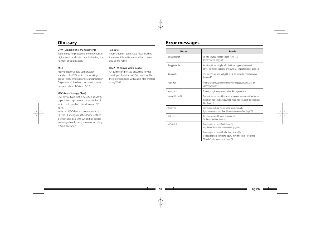 Error messages, Glossary | Kenwood HC MGR-A7 User Manual | Page 48 / 53