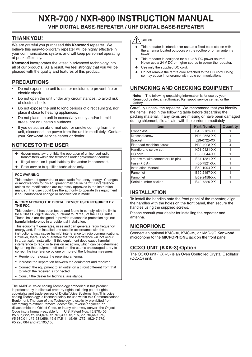 Precautions, Notices to the user, Unpacking and checking equipment | Installation, Microphone, Ocxo unit (kxk-3):option | Kenwood NEXEDGE NXR-800 User Manual | Page 2 / 8