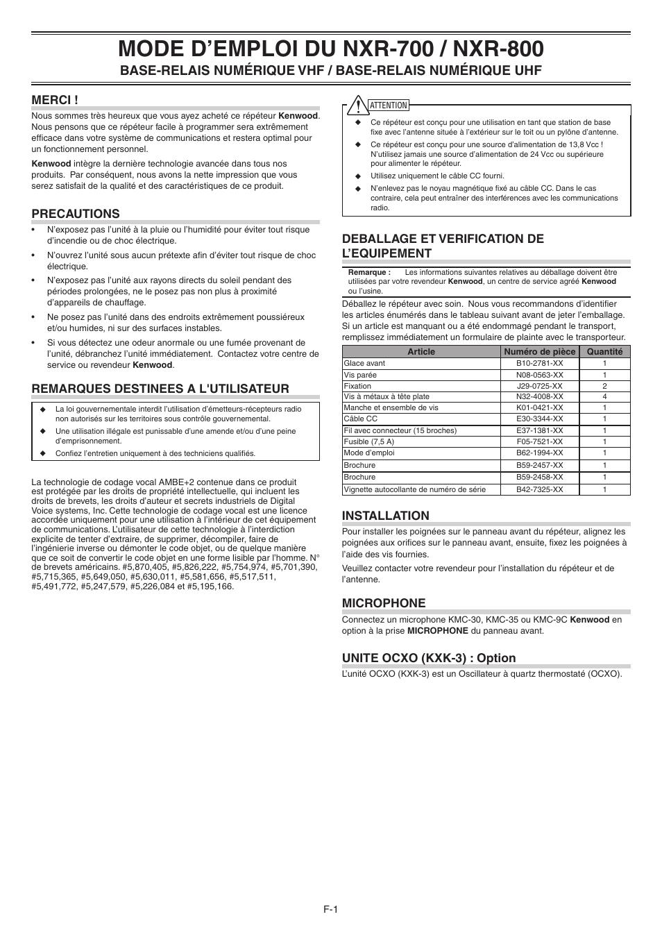 Merci, Precautions, Remarques destinees a l'utilisateur | Deballage et verification de l’equipement, Installation, Microphone, Unite ocxo (kxk-3) : option | Kenwood NEXEDGE NXR-800 User Manual | Page 4 / 8