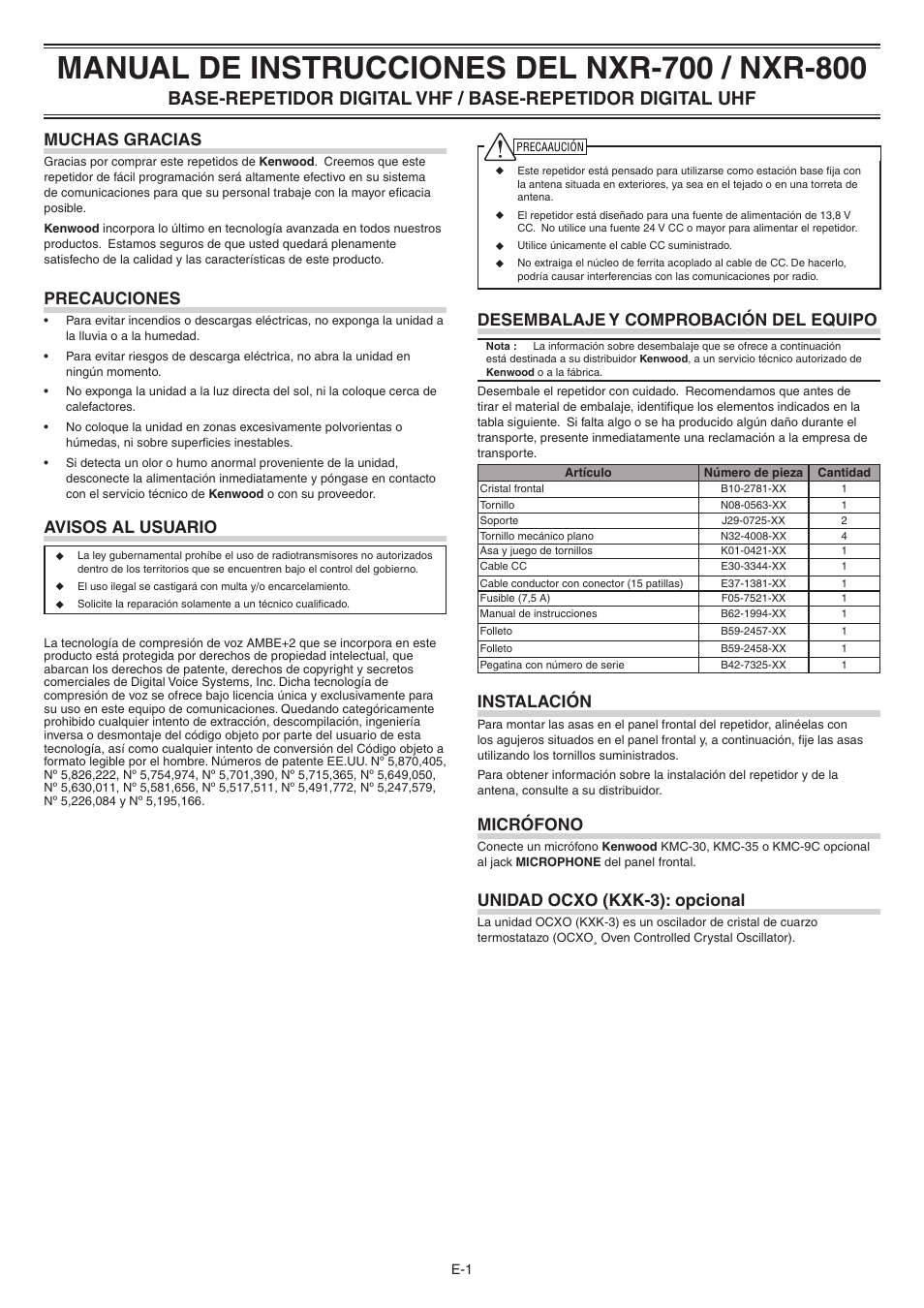 Muchas gracias, Precauciones, Avisos al usuario | Desembalaje y comprobación del equipo, Instalación, Micrófono, Unidad ocxo (kxk-3): opcional | Kenwood NEXEDGE NXR-800 User Manual | Page 6 / 8