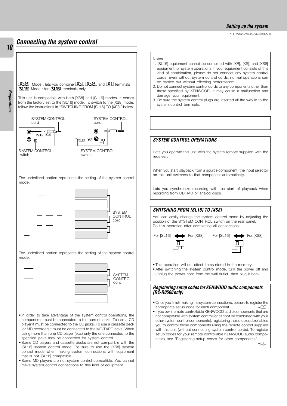 Connecting the system control, System control operations, Switching from [sl16] to [xs8 | Setting up the system | Kenwood KRF-V6020 User Manual | Page 10 / 28