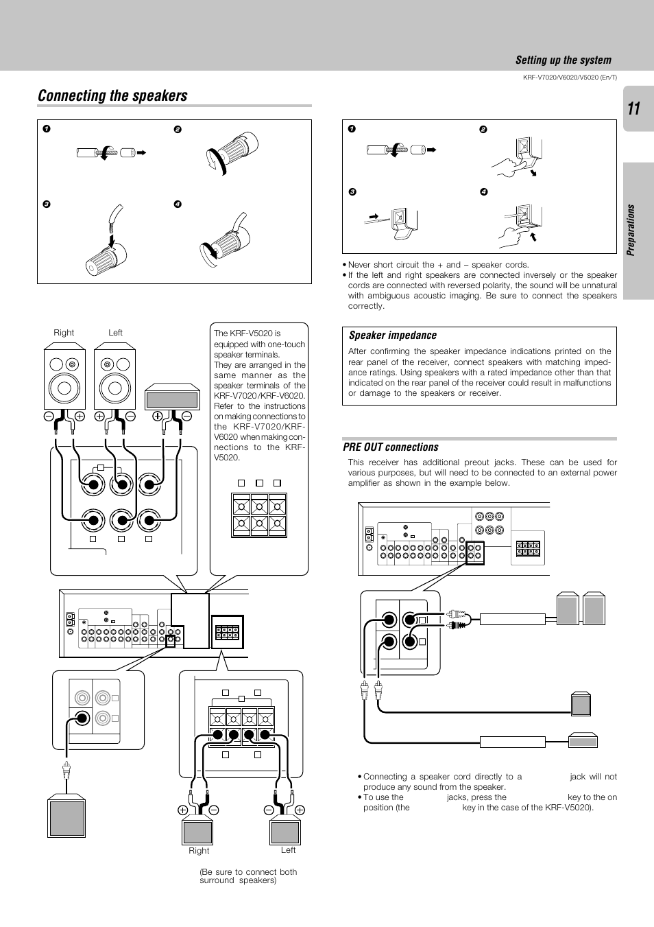 Connecting the speakers, Speaker impedance, Setting up the system pre out connections | Preparations | Kenwood KRF-V6020 User Manual | Page 11 / 28