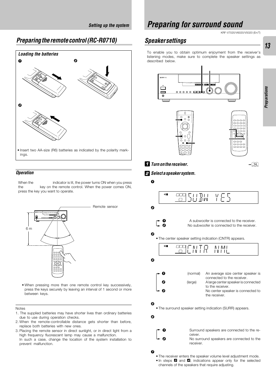Preparing the remote control (rc-r0710), Preparing for surround sound, Speaker settings | Subw es y, Cntr ml n | Kenwood KRF-V6020 User Manual | Page 13 / 28