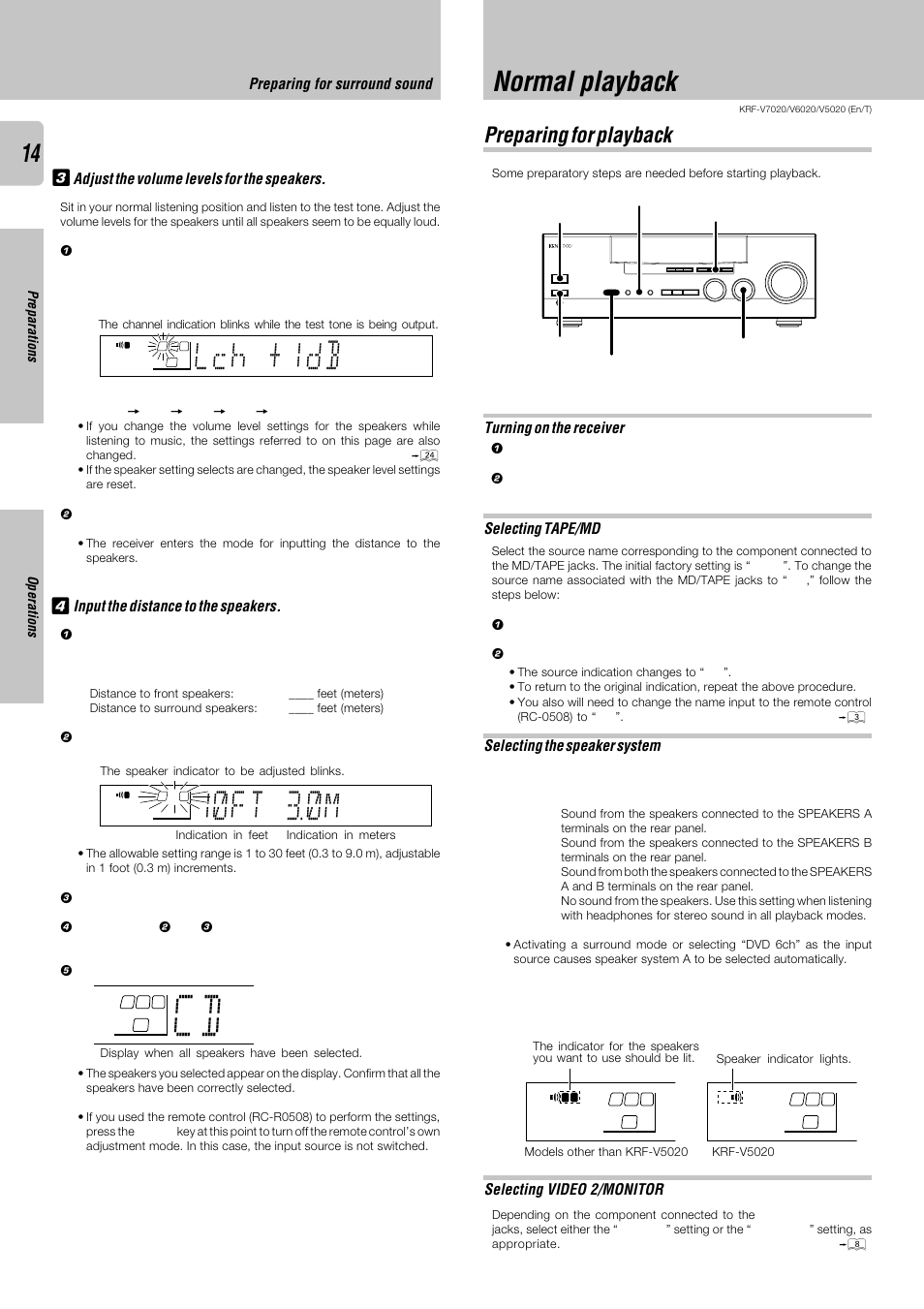 Normal playback, Preparing for playback, Lch + db 1 | 1)ft )m 3 | Kenwood KRF-V6020 User Manual | Page 14 / 28