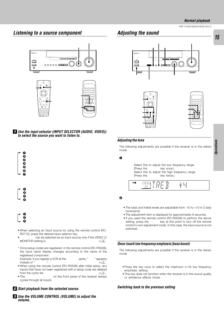 Listening to a source component, Adjusting the sound, Treb +4 | Kenwood KRF-V6020 User Manual | Page 15 / 28