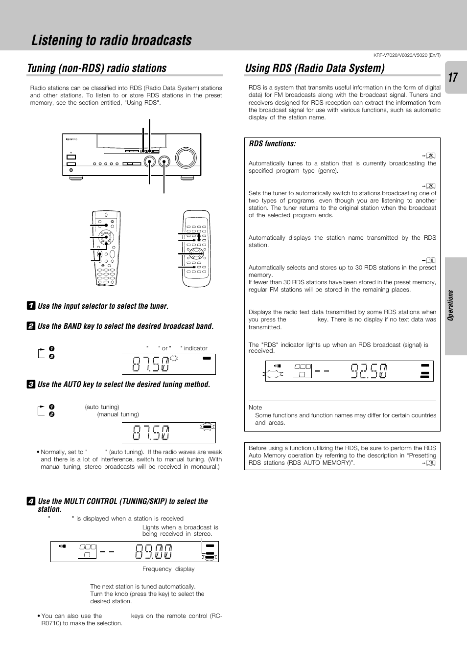 Listening to radio broadcasts, Tuning (non-rds) radio stations, Using rds (radio data system) | Rds functions | Kenwood KRF-V6020 User Manual | Page 17 / 28
