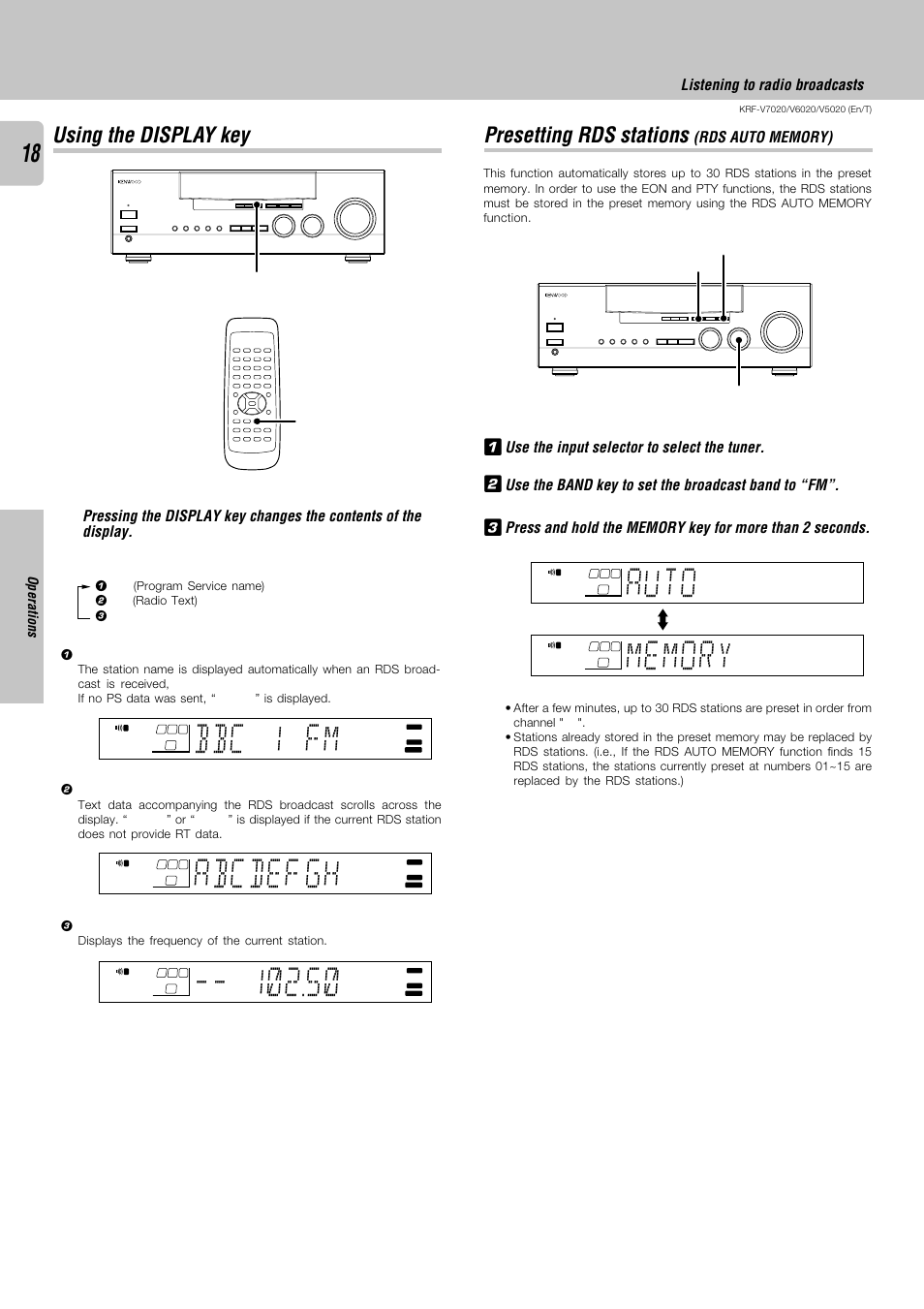 Using the display key, Presetting rds stations (rds auto memory), Bbc 1 fm | Abcde gh f, Auto, Presetting rds stations, Listening to radio broadcasts, Operations, Display | Kenwood KRF-V6020 User Manual | Page 18 / 28