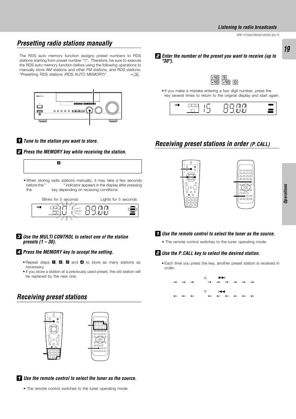 Presetting radio stations manually, Receiving preset stations, Receiving preset stations in order (p.call) | Receiving preset stations in order, P.call) | Kenwood KRF-V6020 User Manual | Page 19 / 28