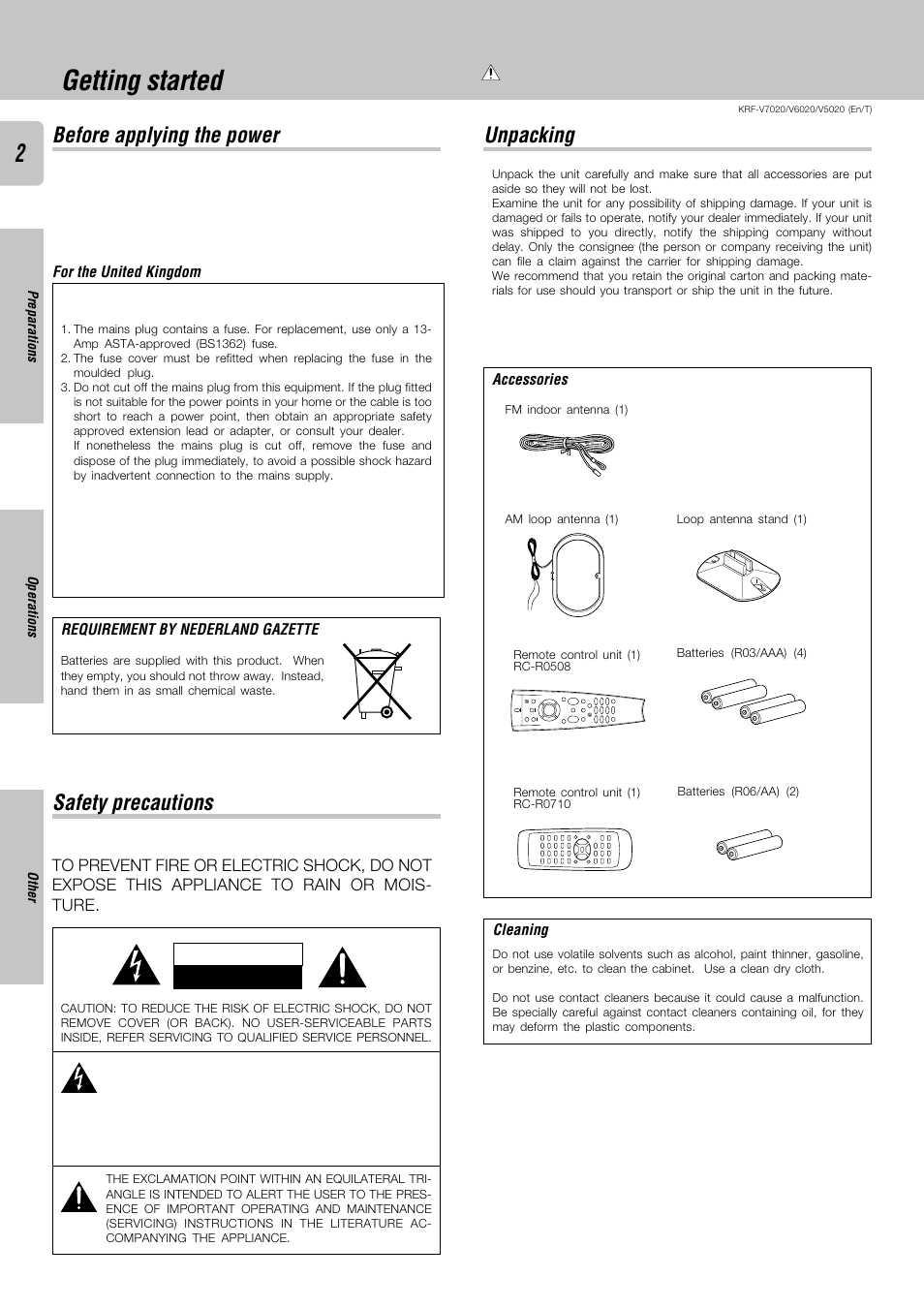 Getting started, Before applying the power, Safety precautions | Unpacking, Safety precautions unpacking, Warning | Kenwood KRF-V6020 User Manual | Page 2 / 28