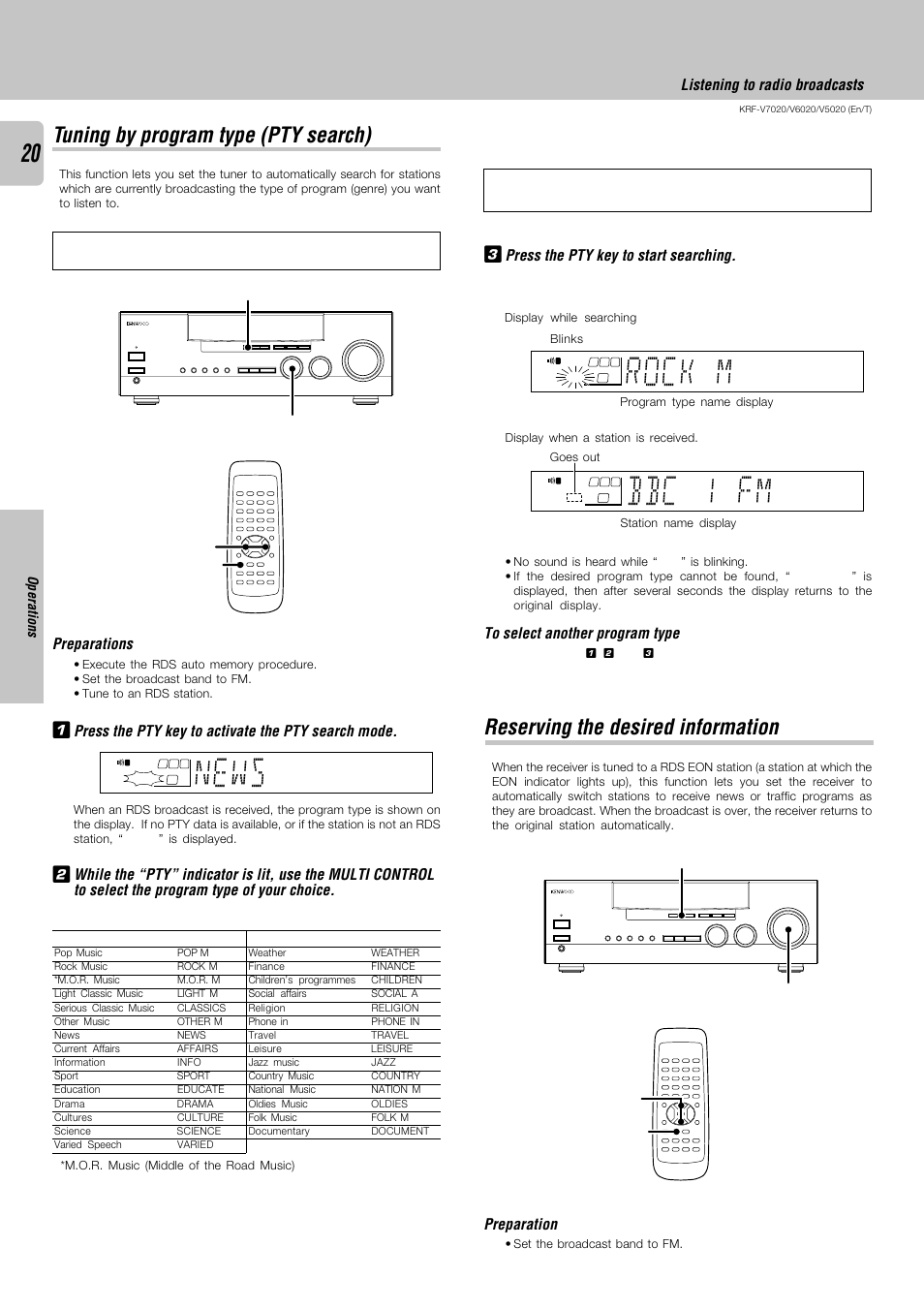 Tuning by program type (pty search), Reserving the desired information, News | Rock m, Bbc 1 fm, Preparations, Press the pty key to start searching, Preparation, Listening to radio broadcasts, Operations | Kenwood KRF-V6020 User Manual | Page 20 / 28