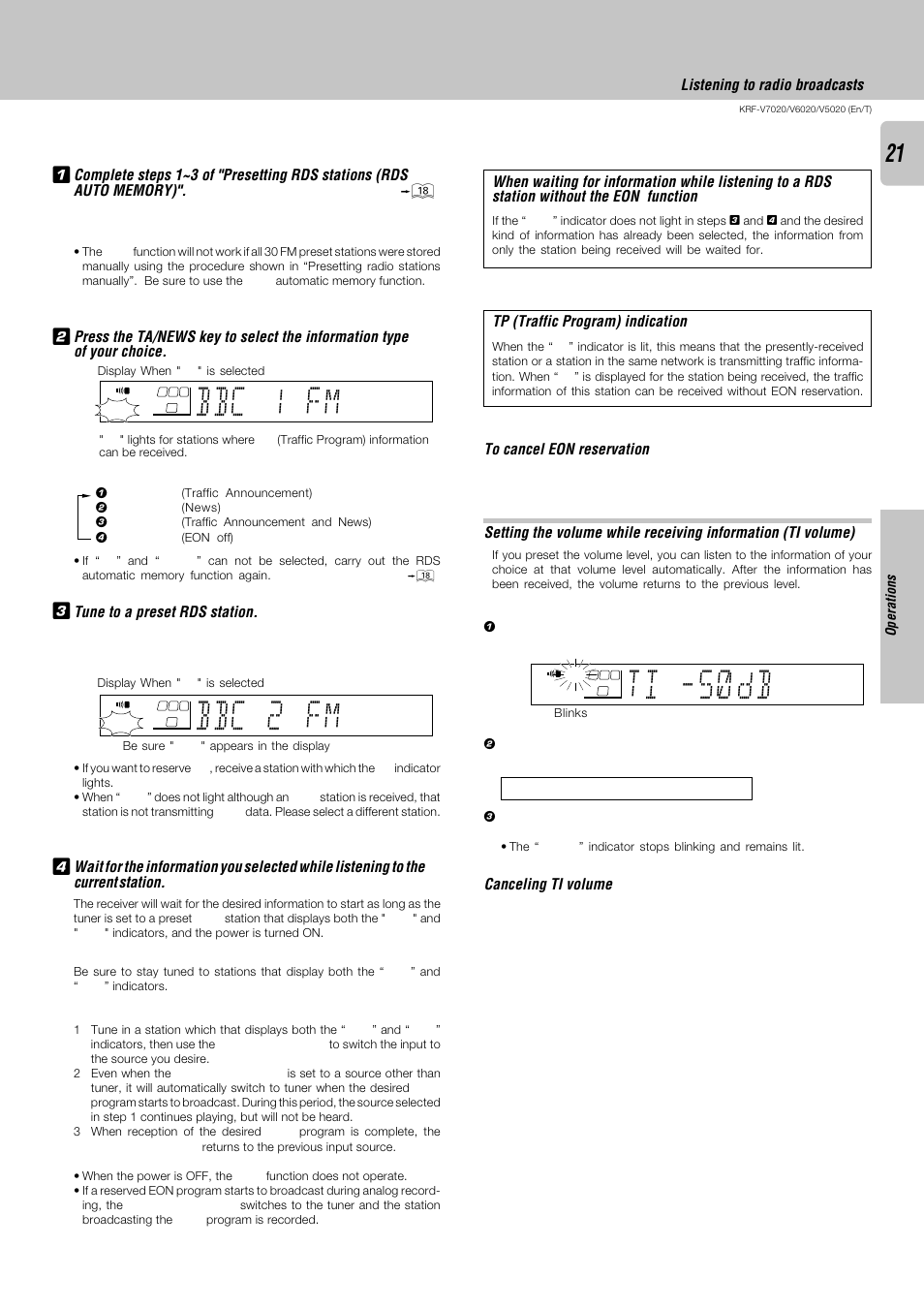 Bbc 1 fm, Bbc 2 fm, Ti -5 db ) | Tune to a preset rds station, Tp (traffic program) indication, Canceling ti volume, Listening to radio broadcasts, Operations | Kenwood KRF-V6020 User Manual | Page 21 / 28