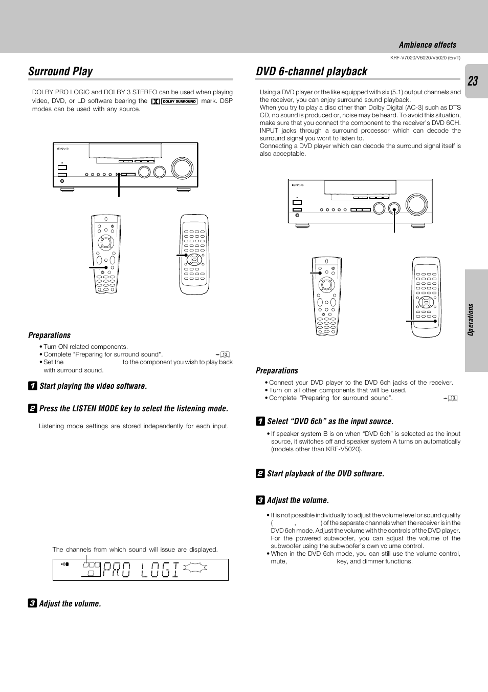 Surround play, Dvd 6-channel playback, Pro l gi o | Kenwood KRF-V6020 User Manual | Page 23 / 28