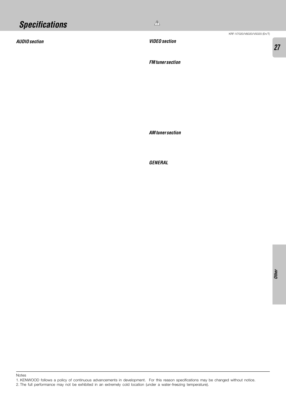 Specifications | Kenwood KRF-V6020 User Manual | Page 27 / 28