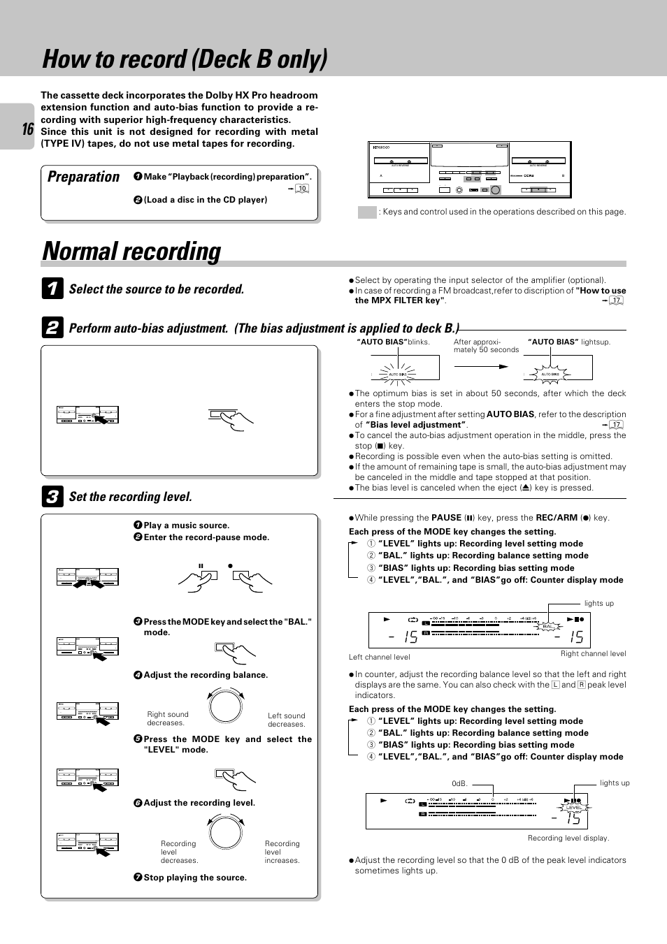 How to record (deck b only), Normal recording, Normal recording 1 | Preparation, Set the recording level, Select the source to be recorded | Kenwood CT-405 User Manual | Page 16 / 28