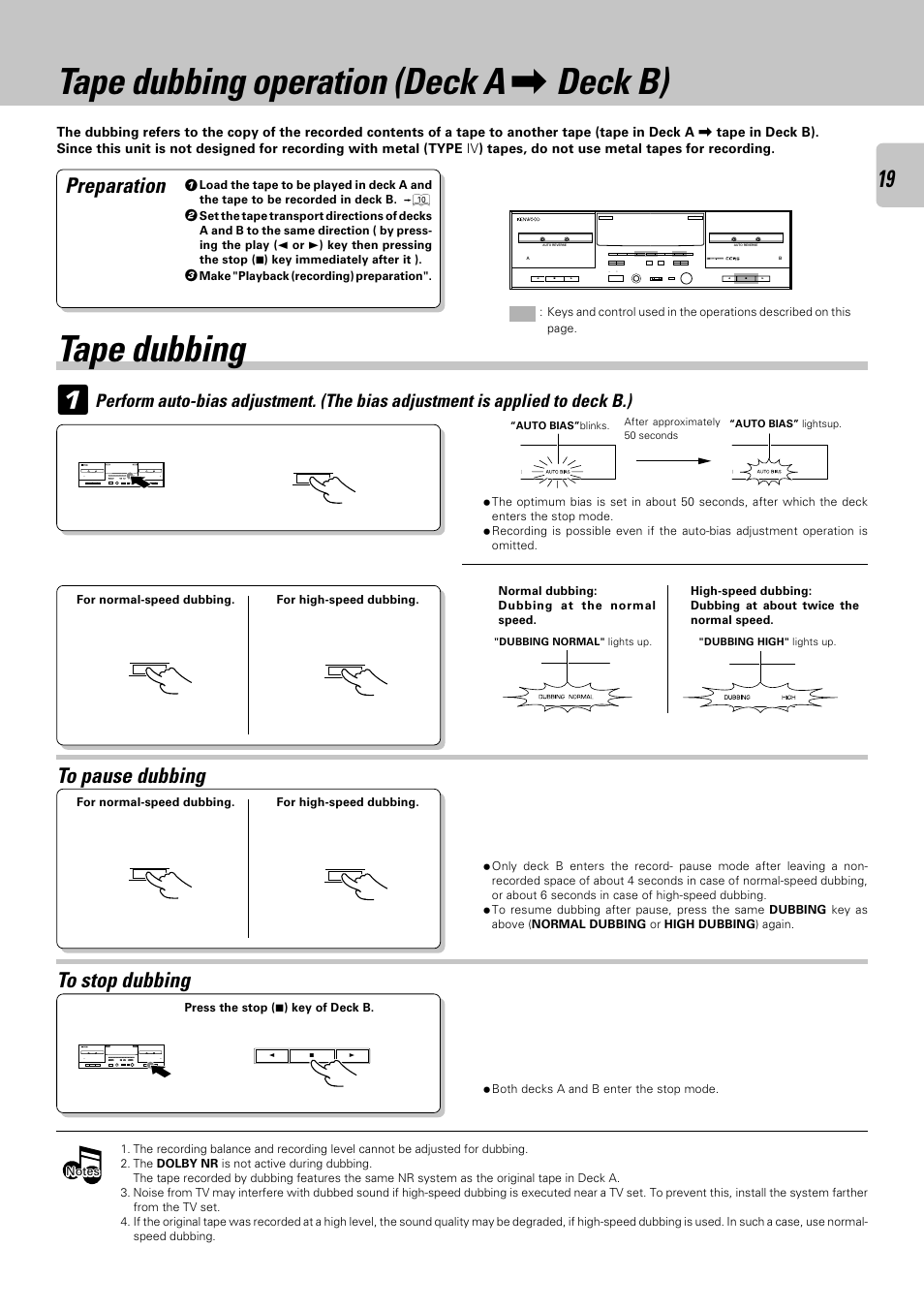 Tape dubbing operation (deck a deck b), Tape dubbing, Tape dubbing operation (deck a | Deck b), Preparation | Kenwood CT-405 User Manual | Page 19 / 28