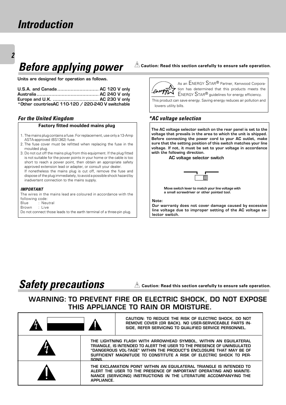 Introduction, Before applying power, Safety precautions | Ac voltage selection, For the united kingdom | Kenwood CT-405 User Manual | Page 2 / 28