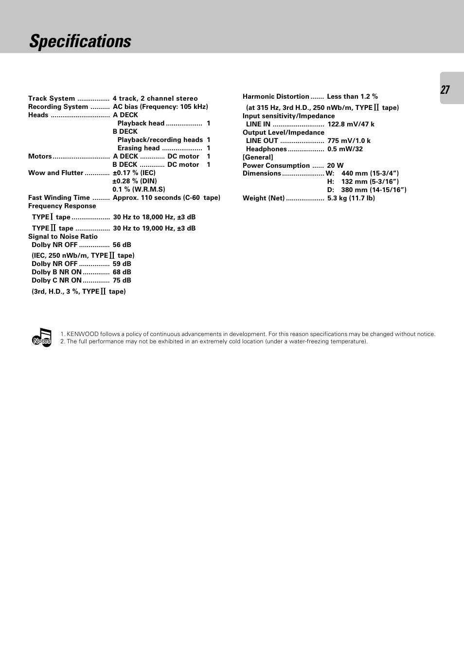 Specifications | Kenwood CT-405 User Manual | Page 27 / 28