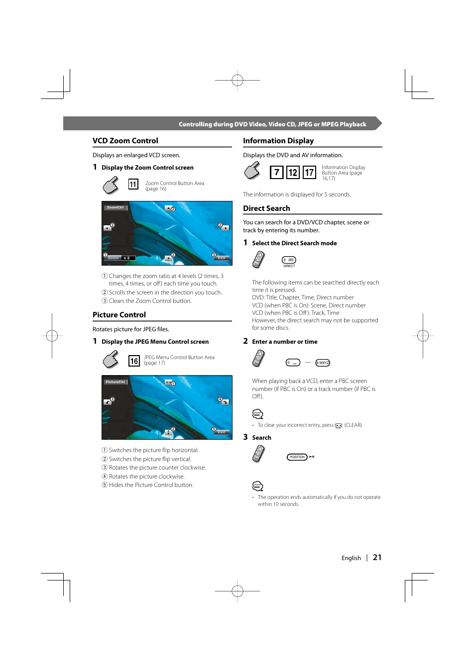 Vcd zoom control, Picture control, Information display | Direct search | Kenwood DDX7017 DDX7047 User Manual | Page 21 / 88