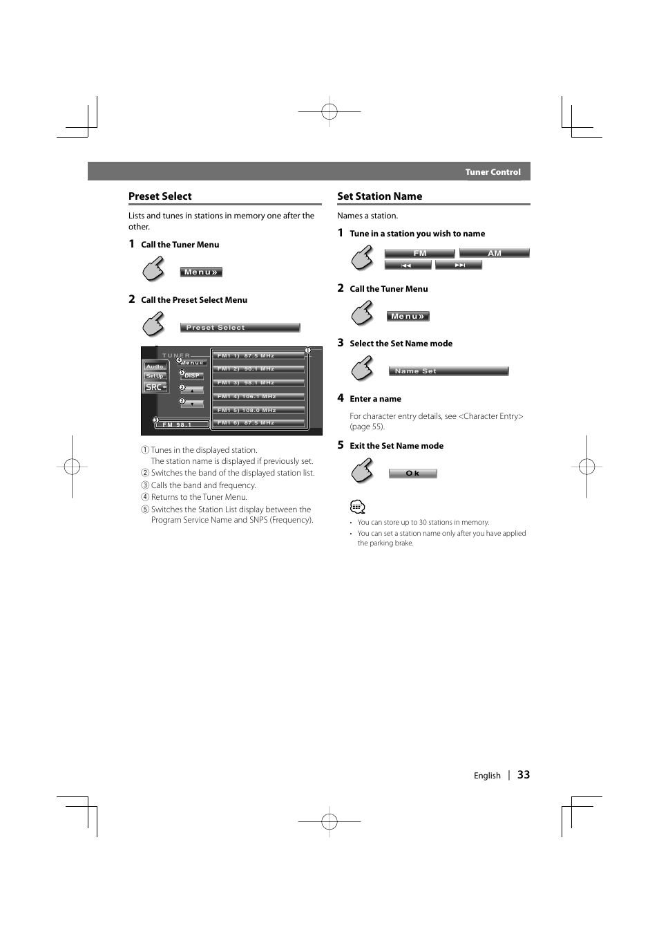 Preset select, Set station name | Kenwood DDX7017 DDX7047 User Manual | Page 33 / 88