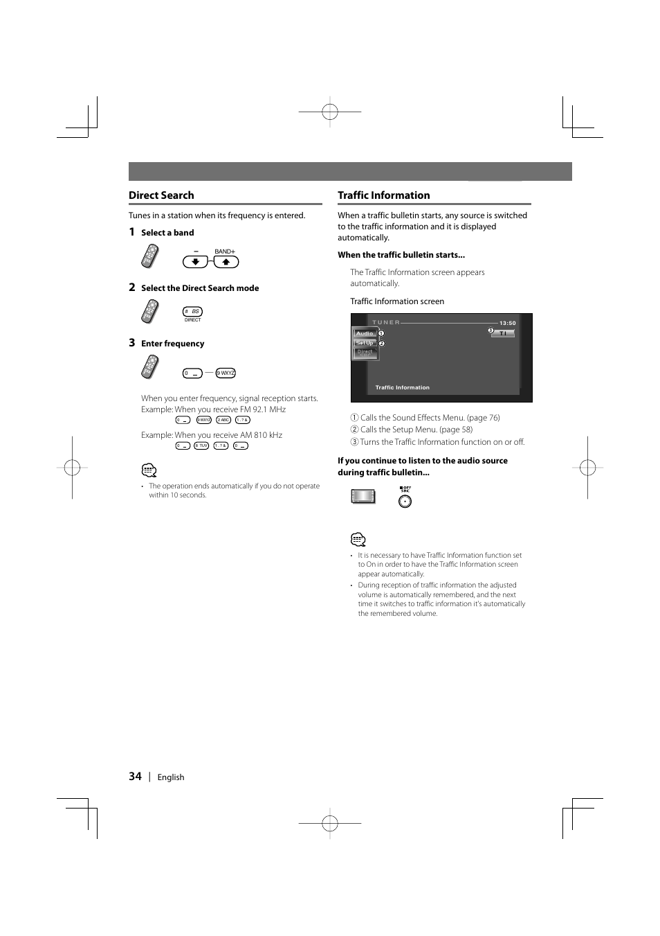 Direct search, Traffic information | Kenwood DDX7017 DDX7047 User Manual | Page 34 / 88