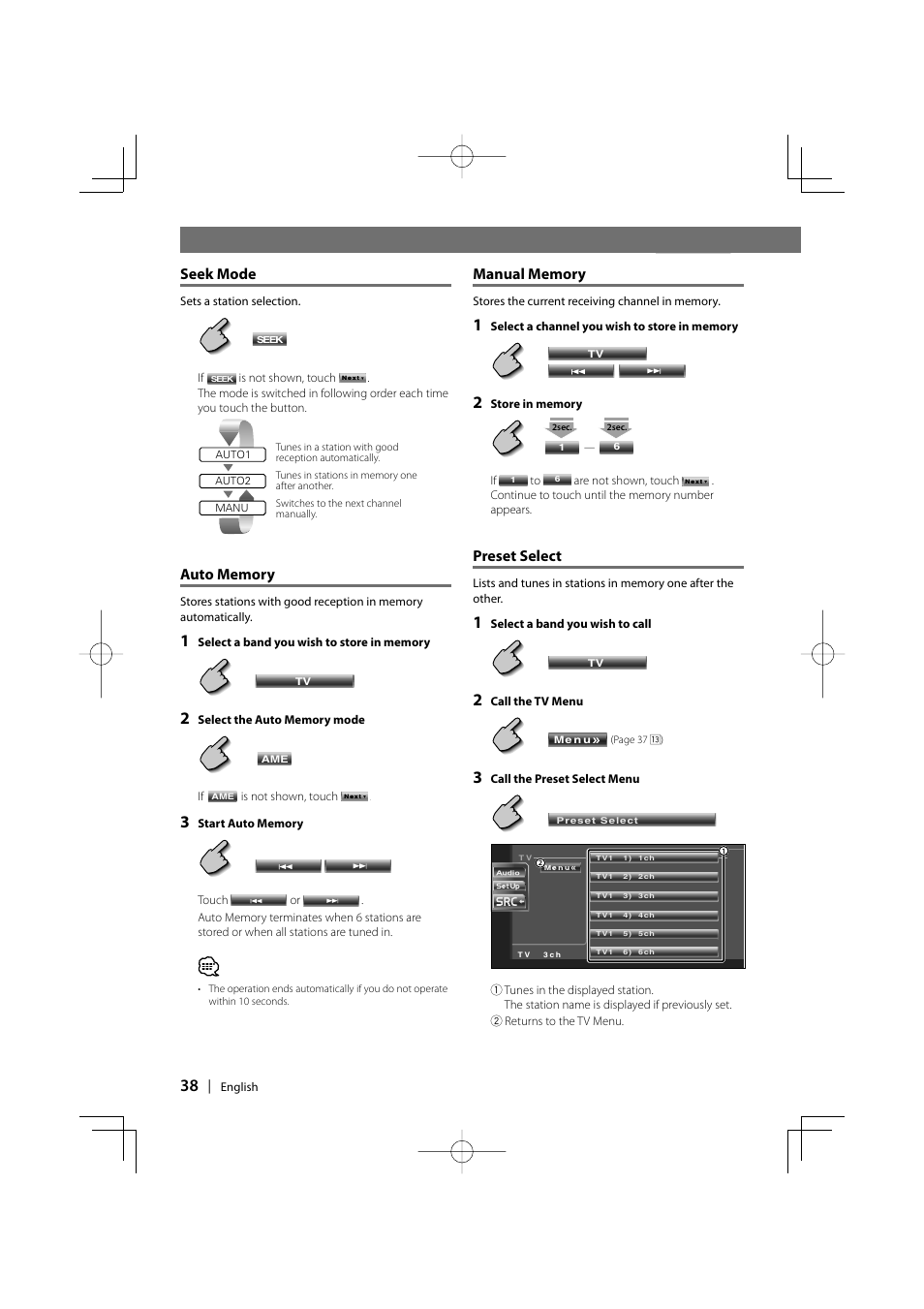 Seek mode, Preset select | Kenwood DDX7017 DDX7047 User Manual | Page 38 / 88