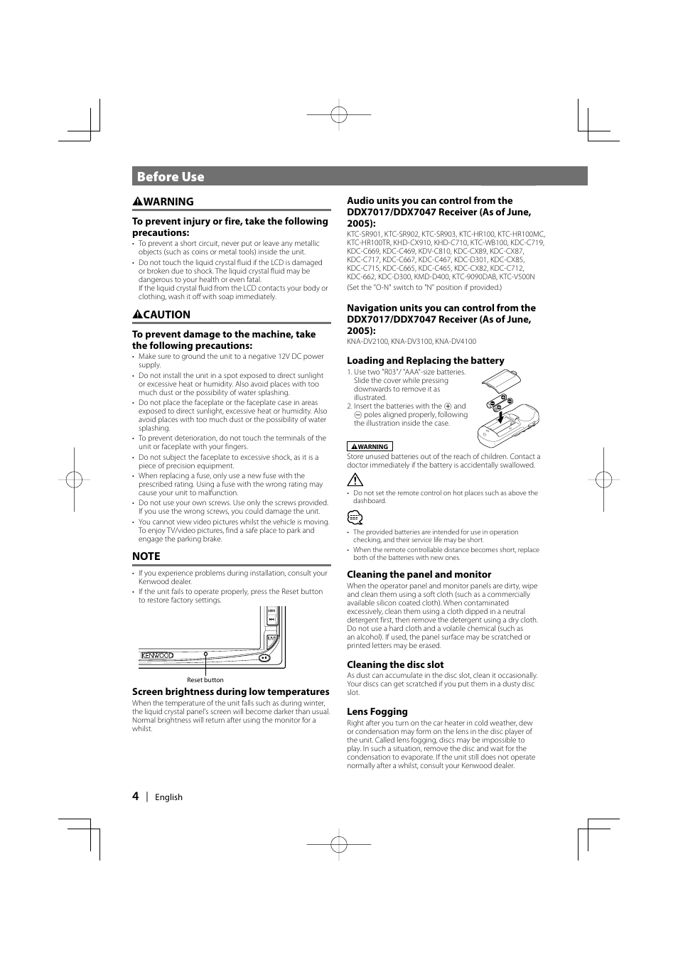 Before use, 2 warning, 2 caution | Kenwood DDX7017 DDX7047 User Manual | Page 4 / 88