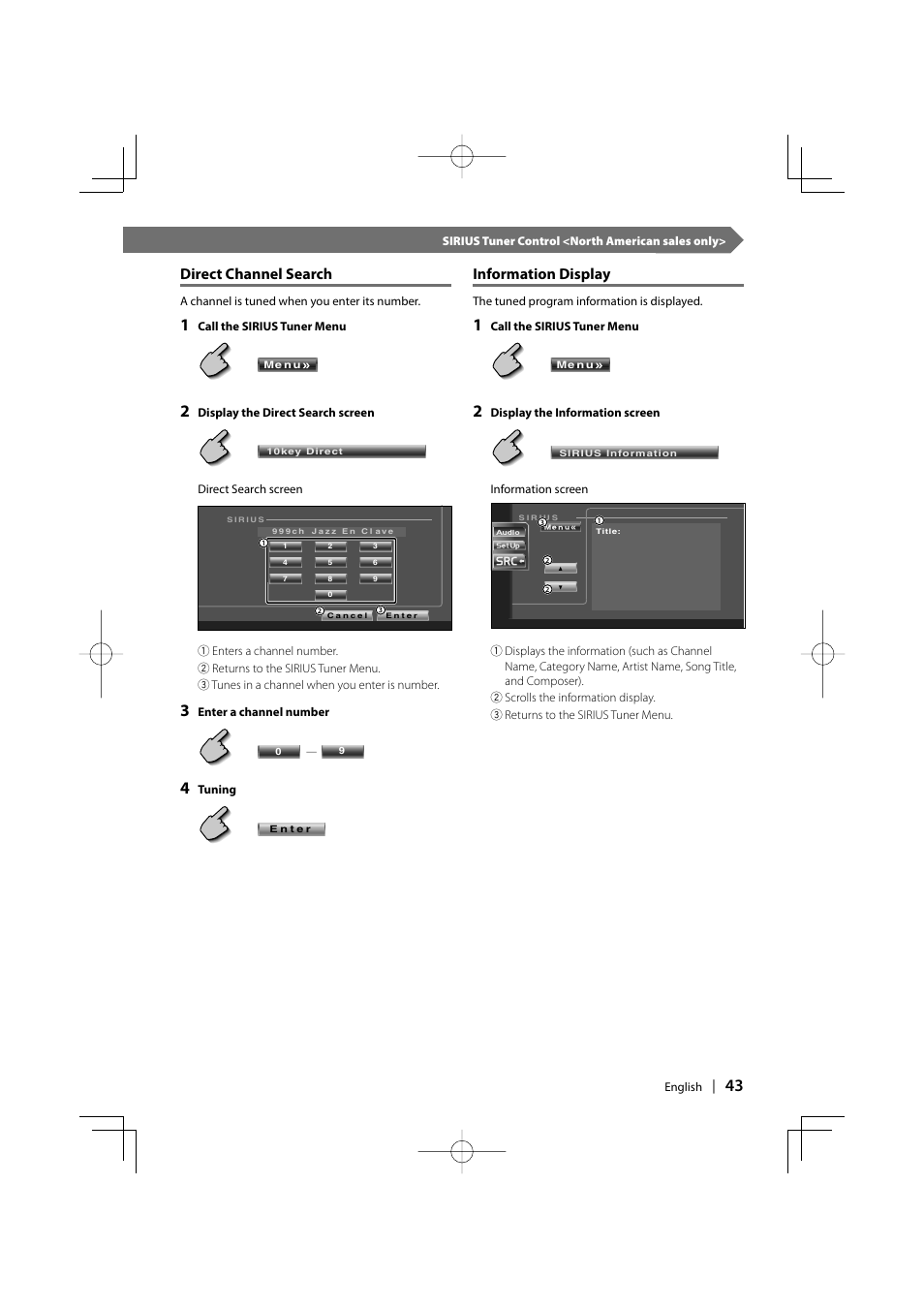 Direct channel search, Information display | Kenwood DDX7017 DDX7047 User Manual | Page 43 / 88