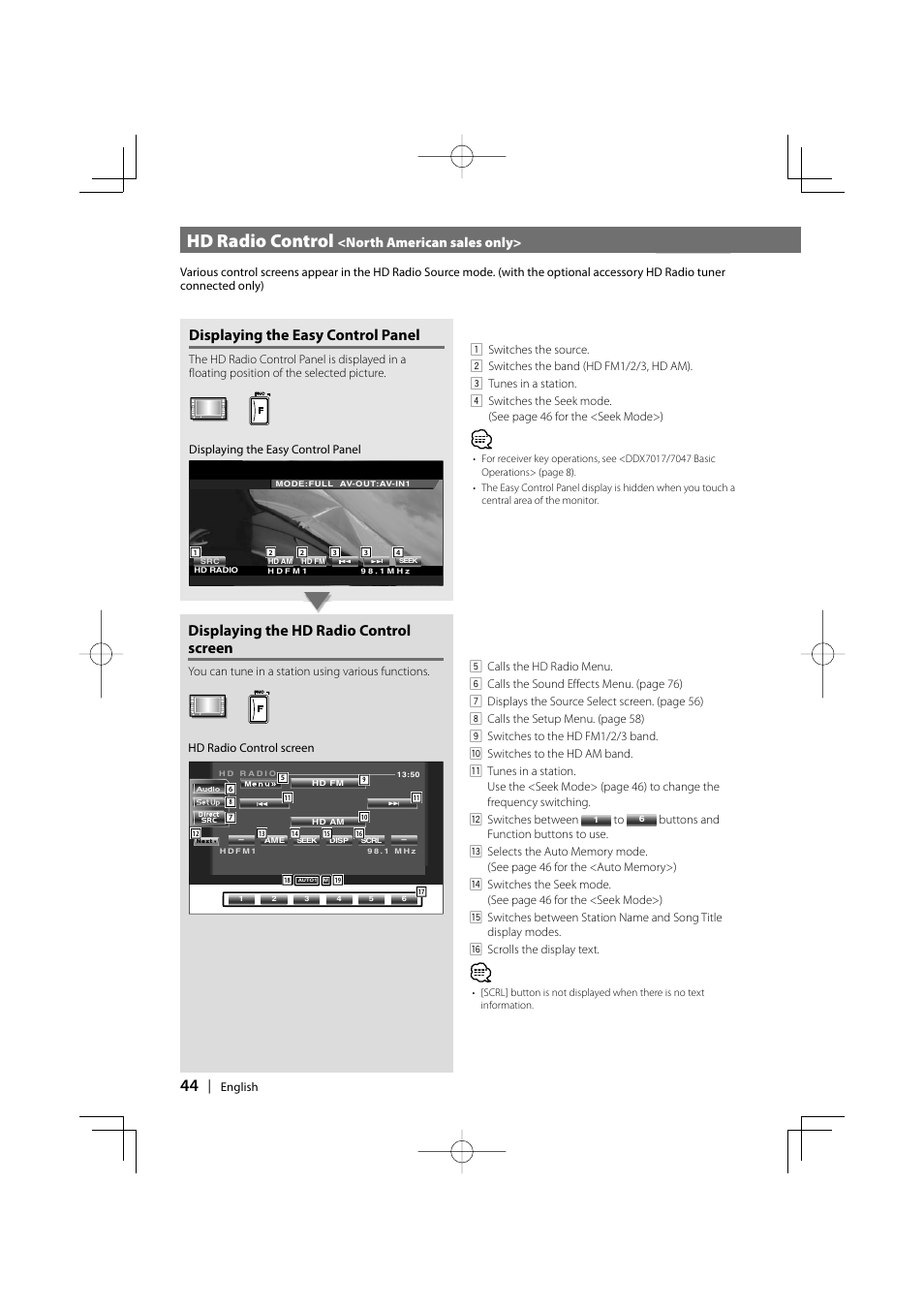 Hd radio control, Displaying the easy control panel, Displaying the hd radio control screen | North american sales only | Kenwood DDX7017 DDX7047 User Manual | Page 44 / 88