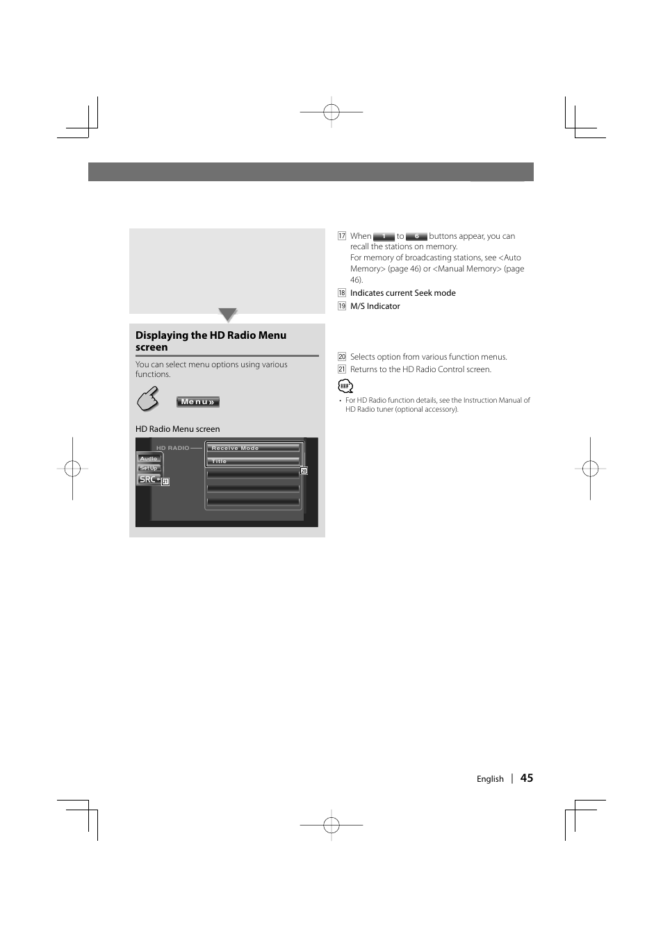 Displaying the hd radio menu screen | Kenwood DDX7017 DDX7047 User Manual | Page 45 / 88