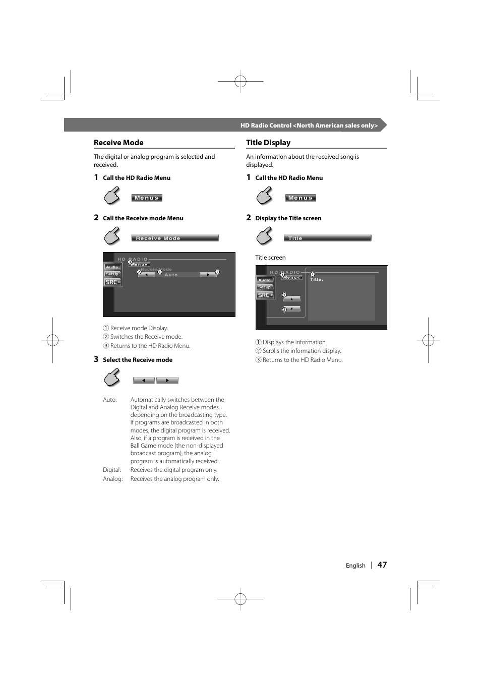 Receive mode, Title display | Kenwood DDX7017 DDX7047 User Manual | Page 47 / 88