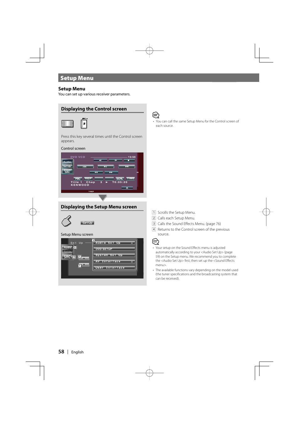 Setup menu, Displaying the control screen, Displaying the setup menu screen | Kenwood DDX7017 DDX7047 User Manual | Page 58 / 88