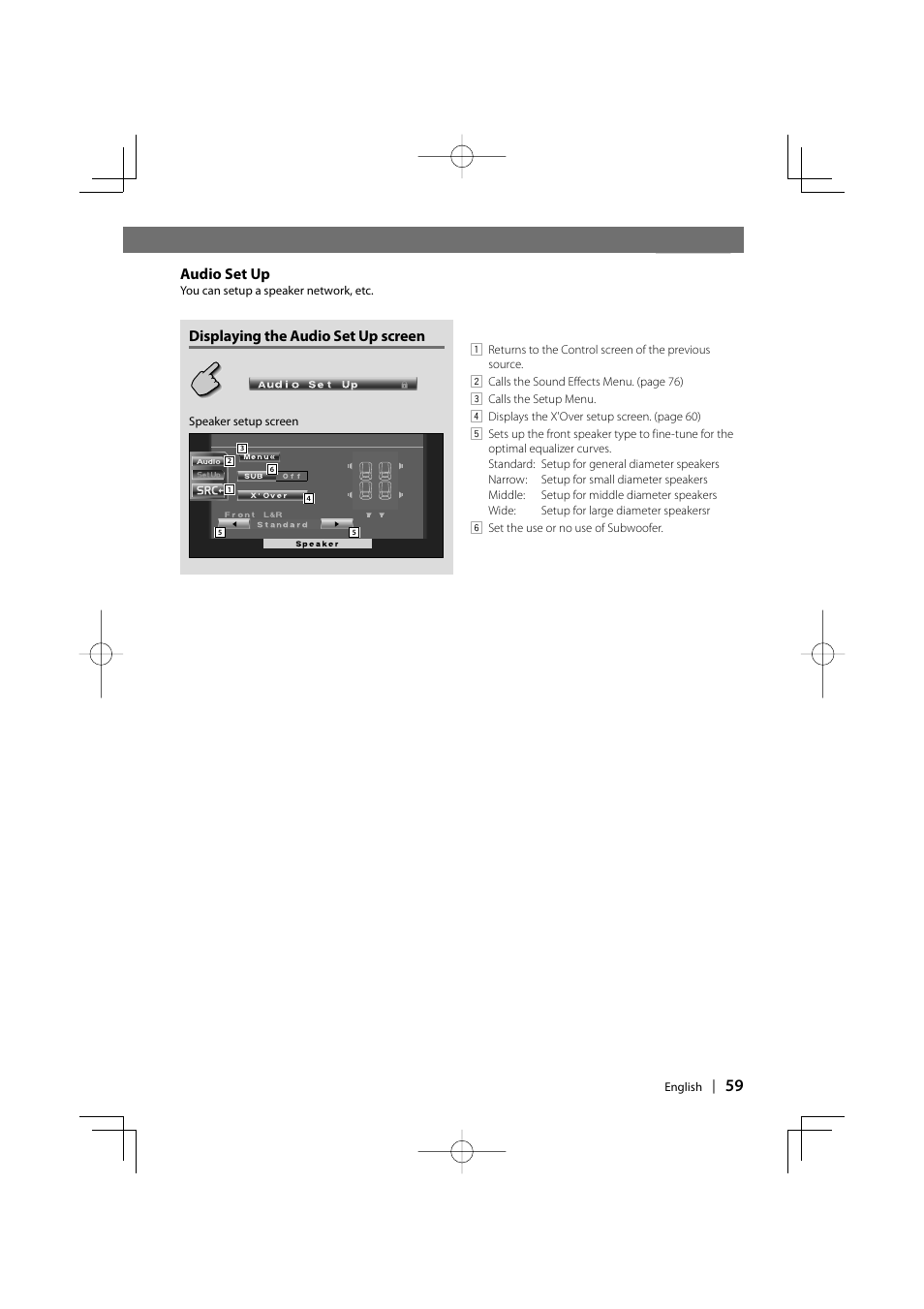 Displaying the audio set up screen, Audio set up | Kenwood DDX7017 DDX7047 User Manual | Page 59 / 88