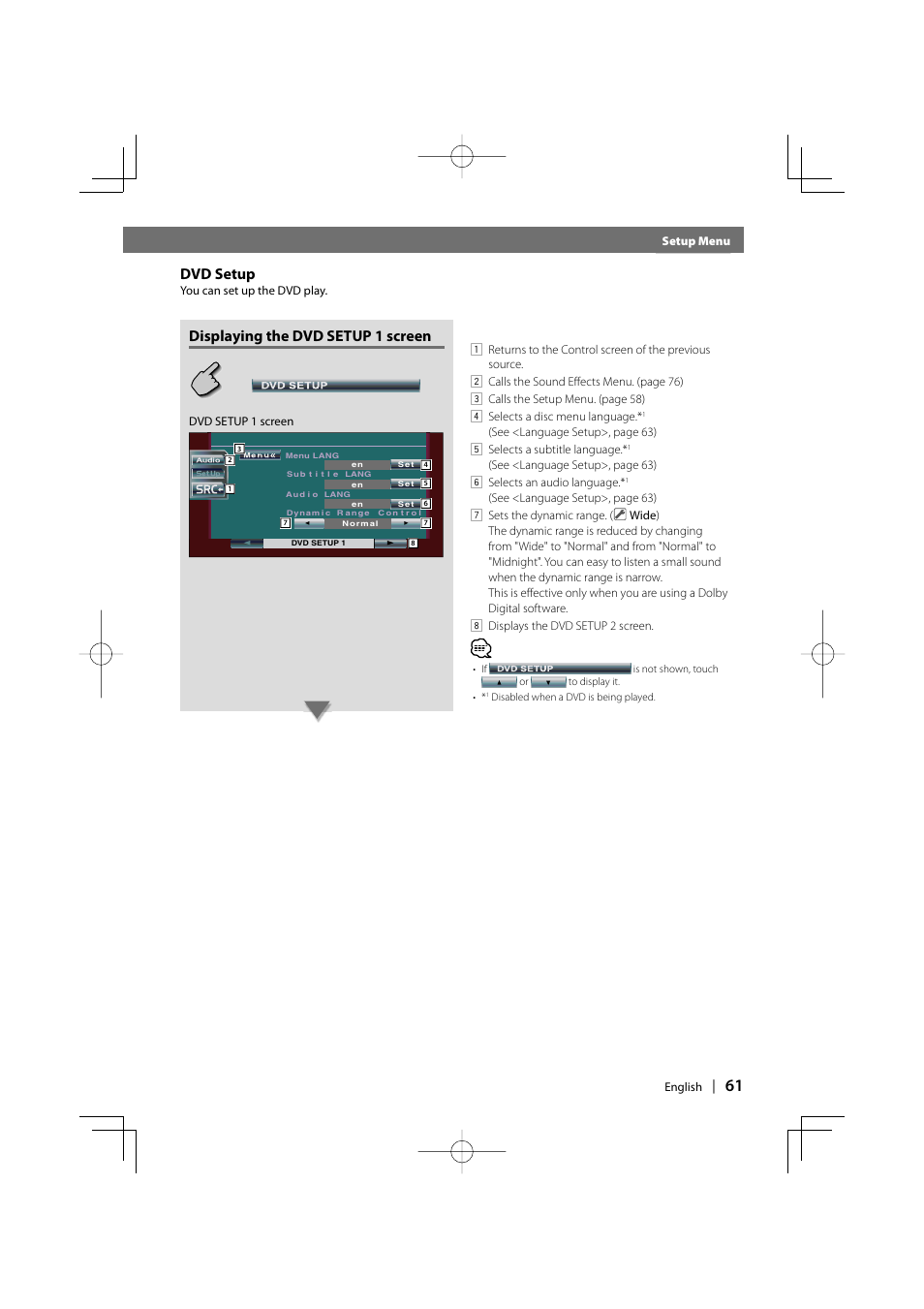 Before use, Dvd setup, Displaying the dvd setup 1 screen | Kenwood DDX7017 DDX7047 User Manual | Page 61 / 88