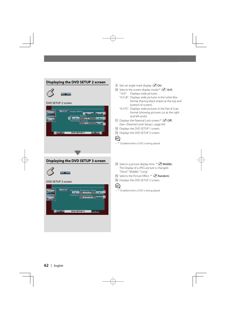 Displaying the dvd setup 2 screen, Displaying the dvd setup 3 screen | Kenwood DDX7017 DDX7047 User Manual | Page 62 / 88