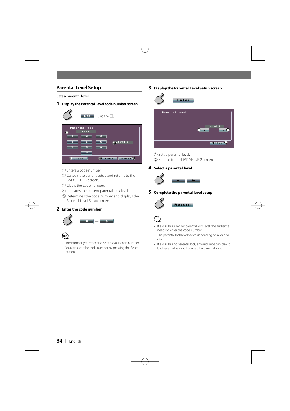 Parental level setup | Kenwood DDX7017 DDX7047 User Manual | Page 64 / 88