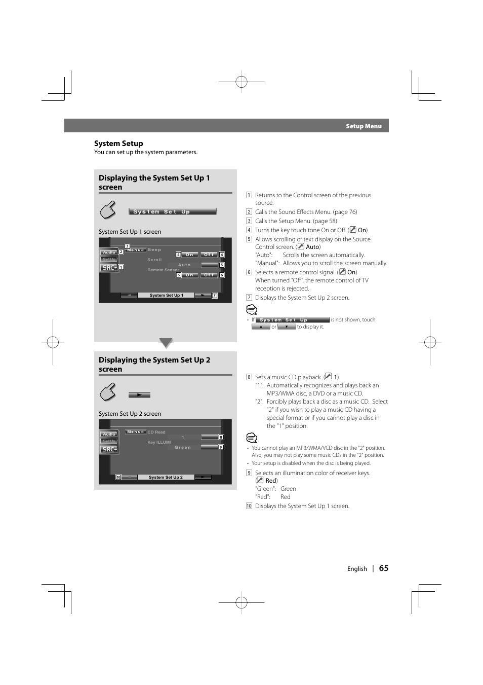 System setup, Displaying the system set up 1 screen, Displaying the system set up 2 screen | Kenwood DDX7017 DDX7047 User Manual | Page 65 / 88