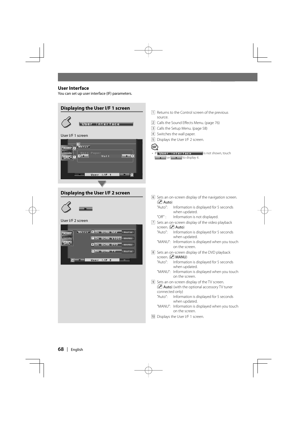 Control during dvd video or video cd playback, User interface, Displaying the user i/f 1 screen | Displaying the user i/f 2 screen | Kenwood DDX7017 DDX7047 User Manual | Page 68 / 88