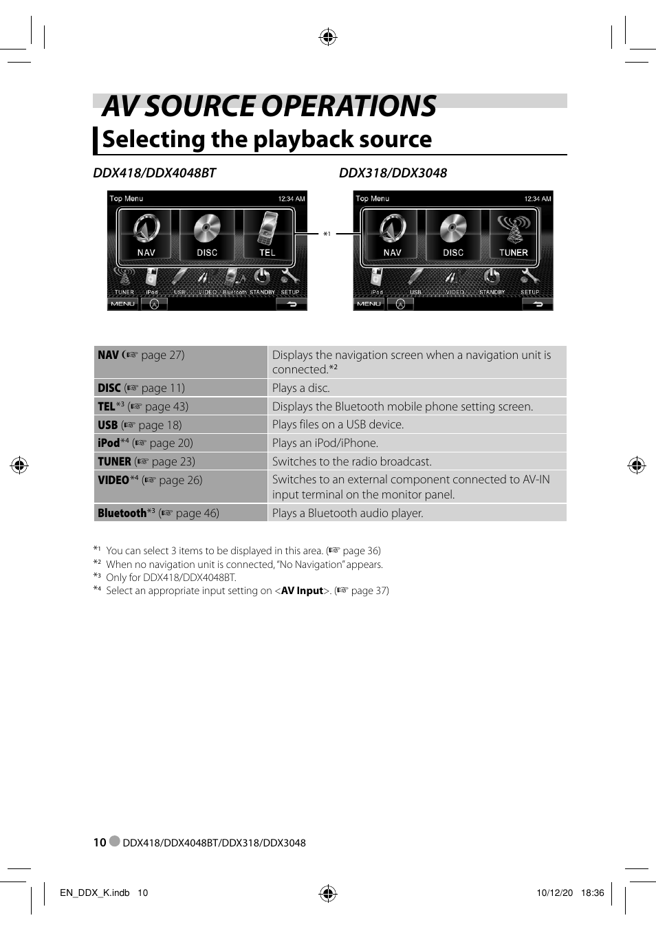 Av source operations, Selecting the playback source | Kenwood DDX3048 User Manual | Page 10 / 64