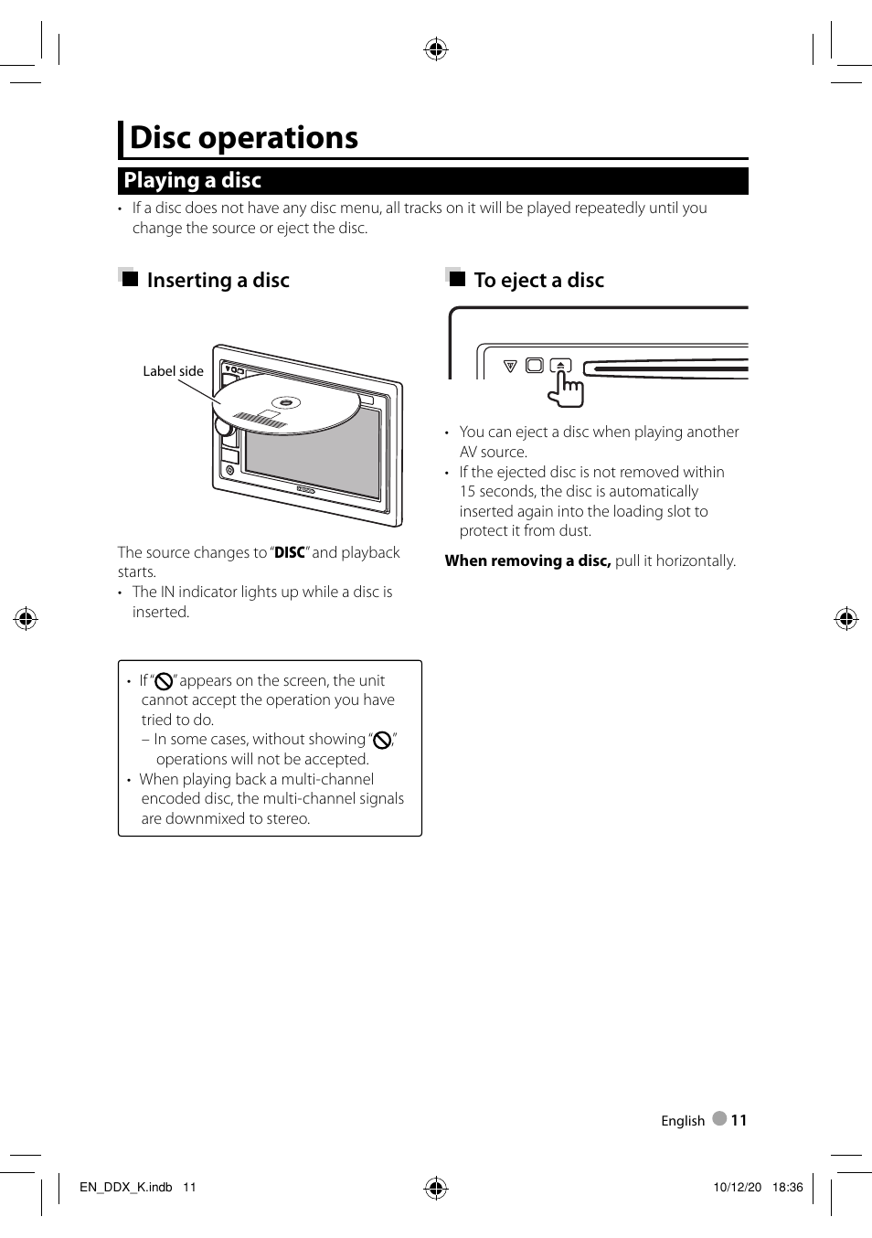 Disc operations, Playing a disc, Inserting a disc | Kenwood DDX3048 User Manual | Page 11 / 64