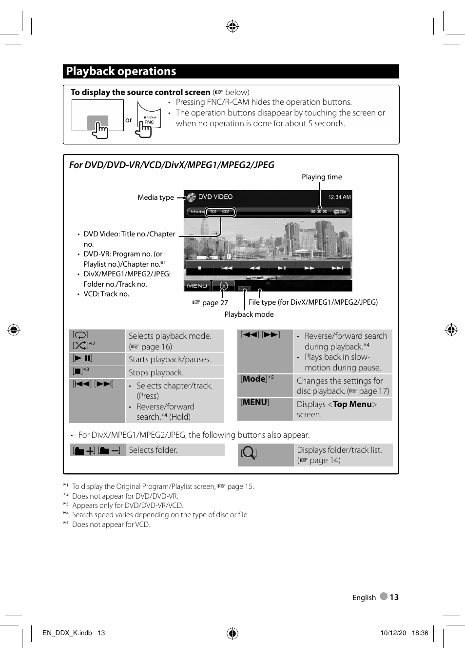 Playback operations, For dvd/dvd-vr/vcd/divx/mpeg1/mpeg2/jpeg | Kenwood DDX3048 User Manual | Page 13 / 64