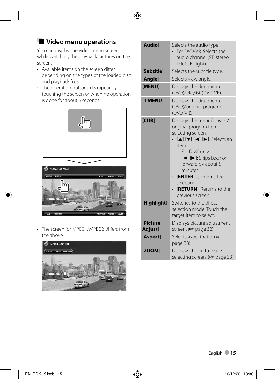 Video menu operations | Kenwood DDX3048 User Manual | Page 15 / 64