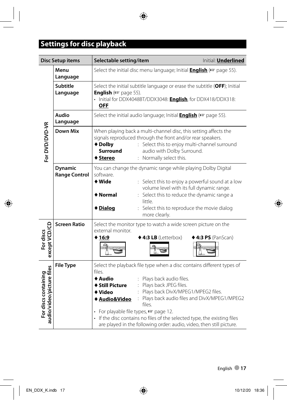 Settings for disc playback | Kenwood DDX3048 User Manual | Page 17 / 64