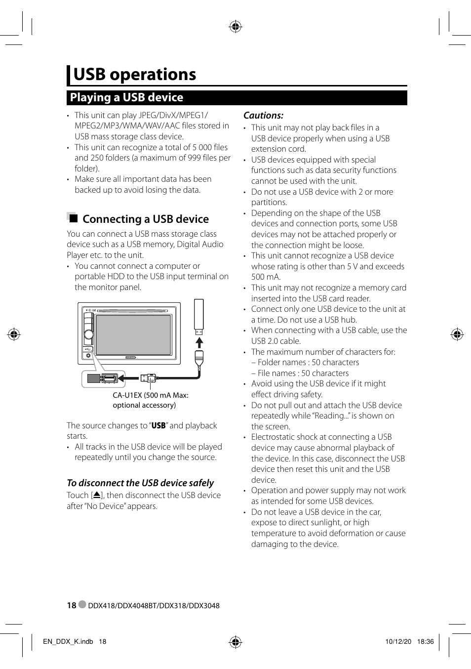 Usb operations, Playing a usb device, Connecting a usb device | Kenwood DDX3048 User Manual | Page 18 / 64