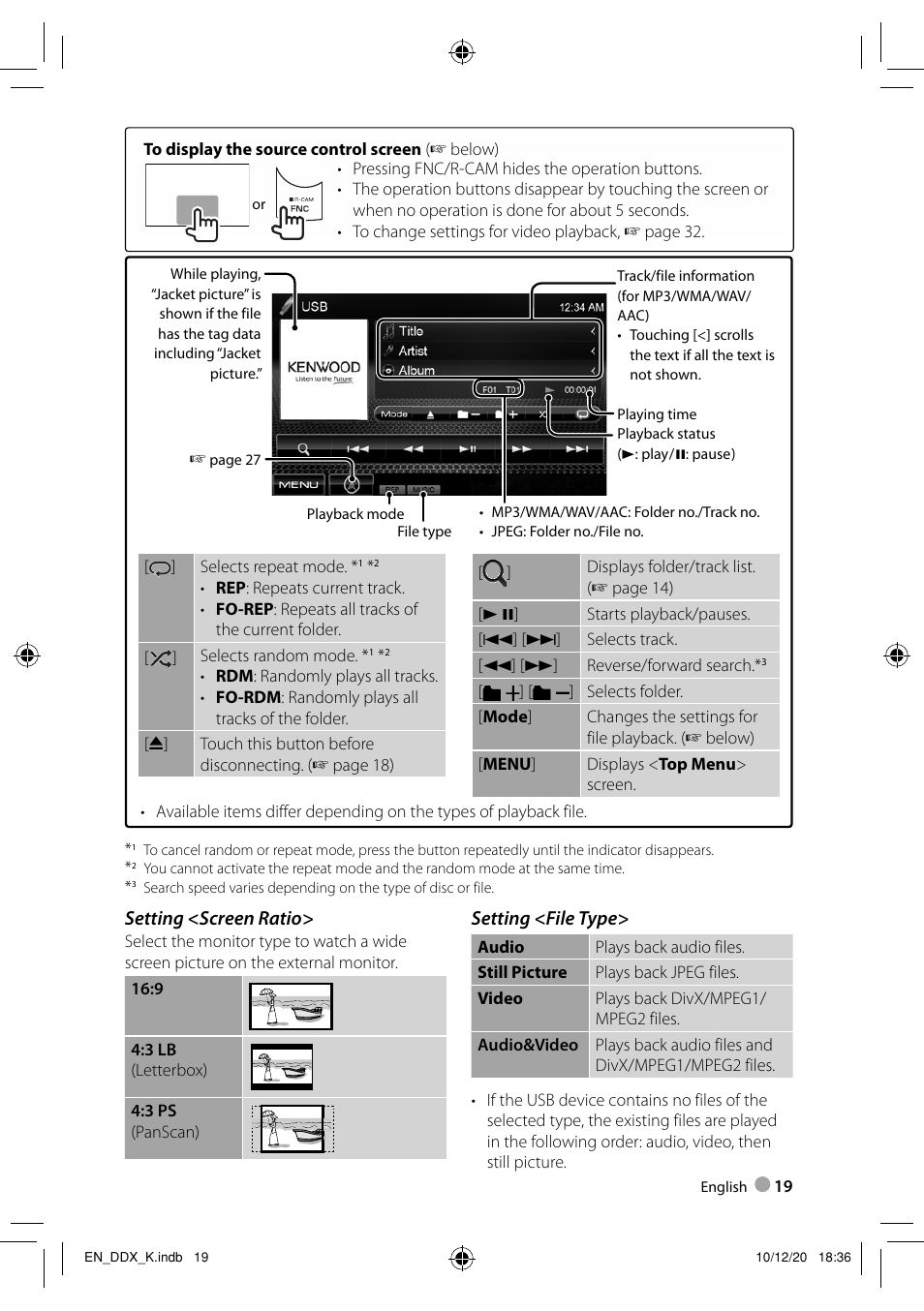 Setting <file type, Setting <screen ratio | Kenwood DDX3048 User Manual | Page 19 / 64