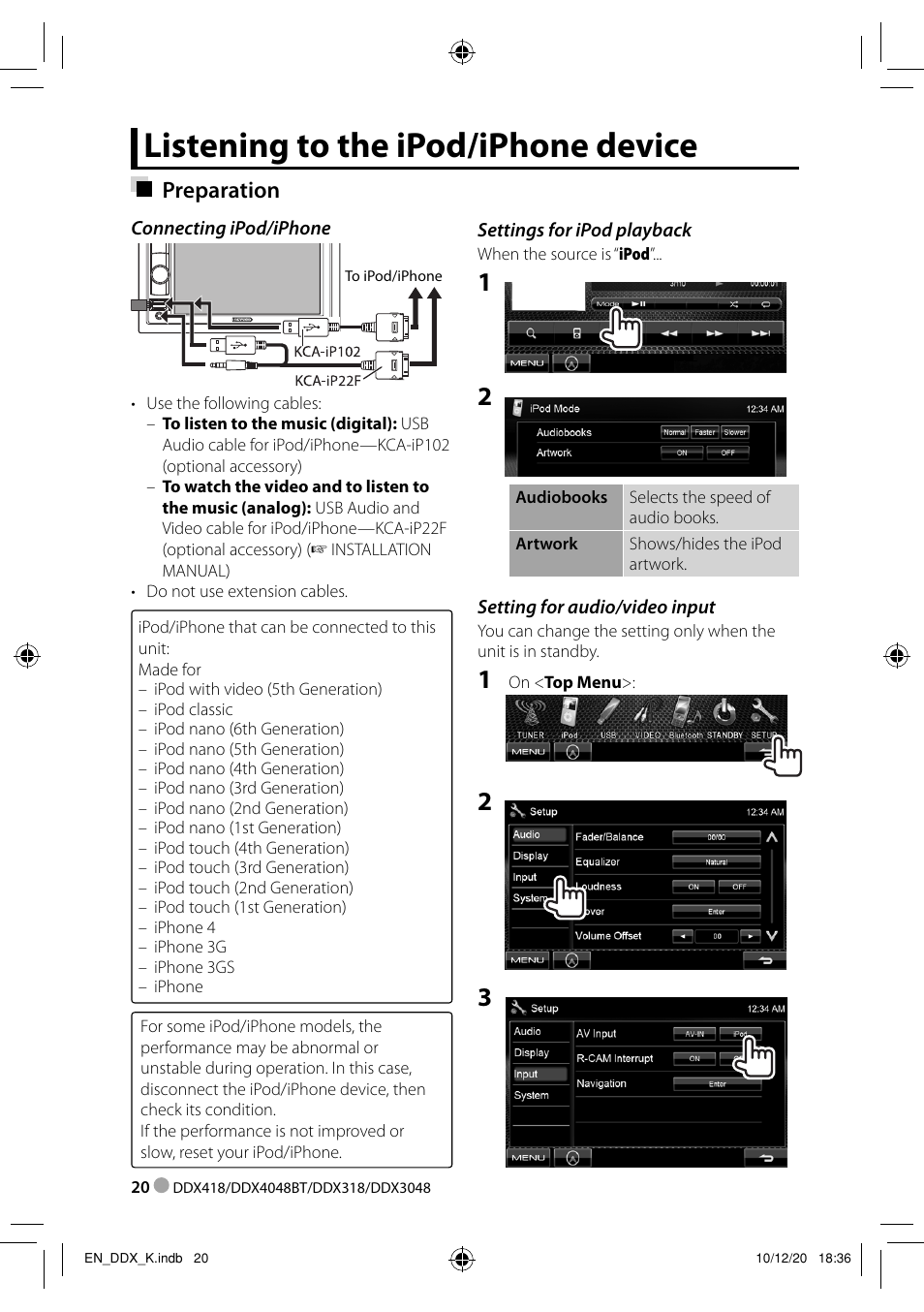 Listening to the ipod/iphone device, Preparation | Kenwood DDX3048 User Manual | Page 20 / 64